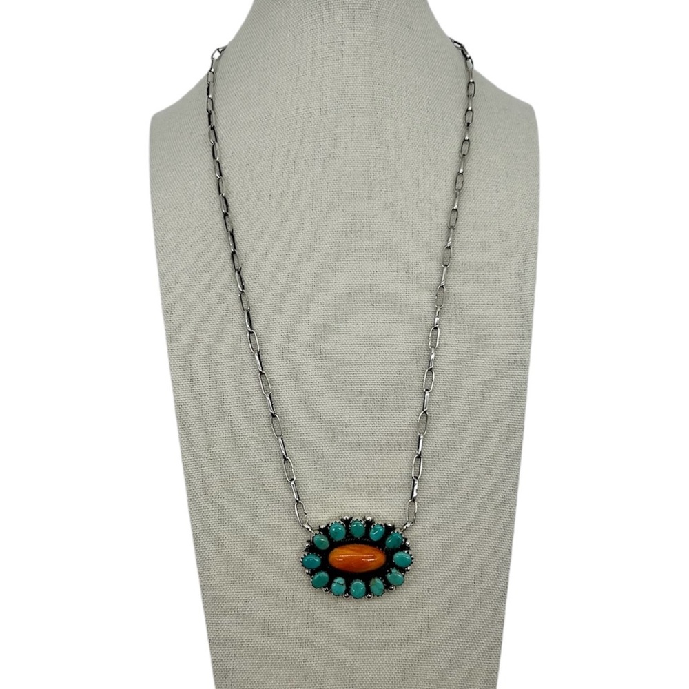 925 Sterling Silver Natural Spiny Oyster & Kingman Turquoise Cluster Necklace